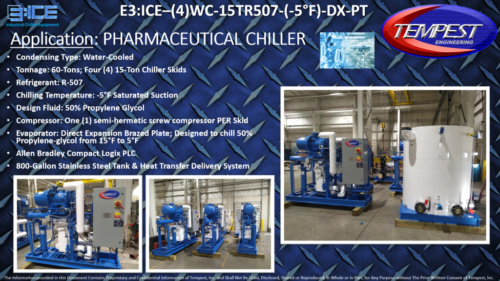 60-Ton Water-Cooled Low Temperature Chiller System and Tank and Pump Heat Transfer Fluid Delivery System for Pharmaceutical Application